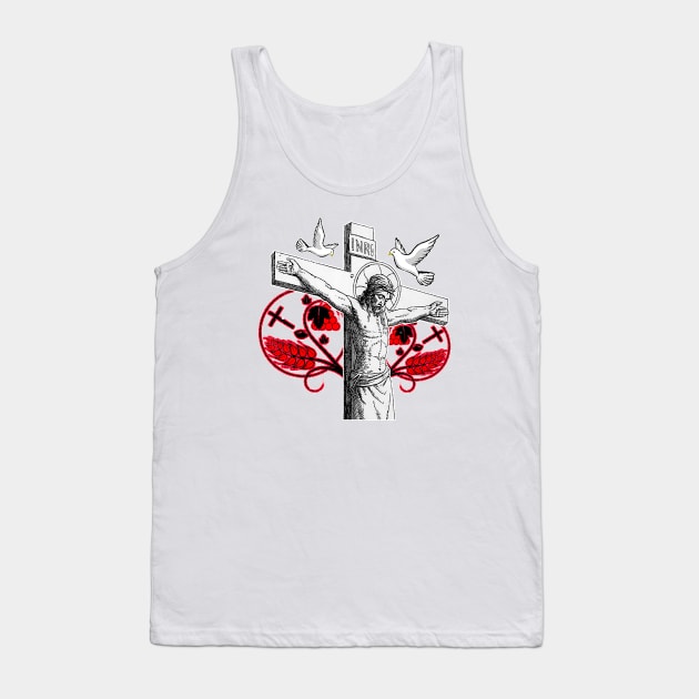 Jesus Christ nailed to the Cross Eucharist and Holy Spirit Tank Top by Marccelus